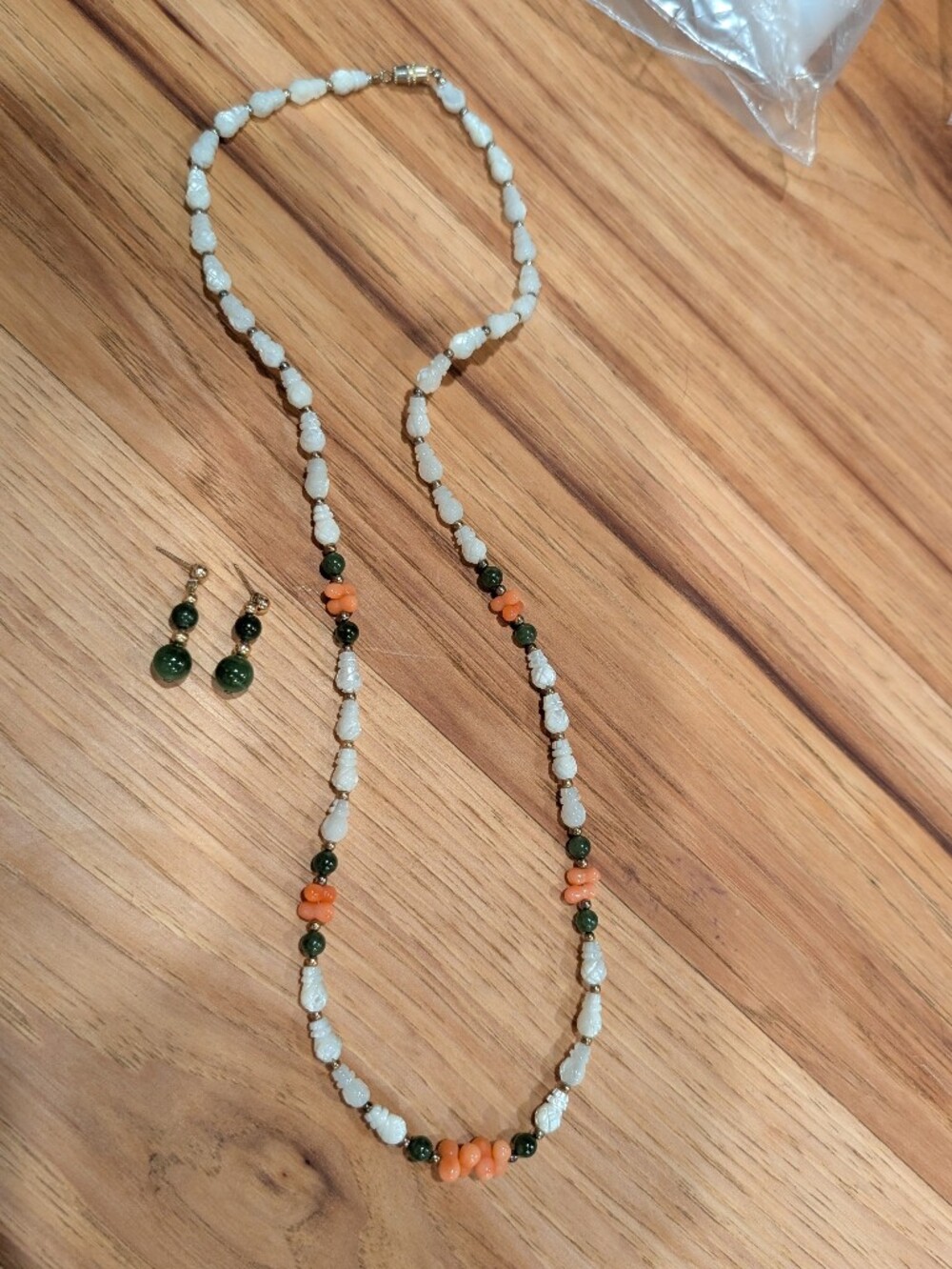 Angel Skin Coral, Jade And MOP Necklace With Matching 14K Jade Earrings